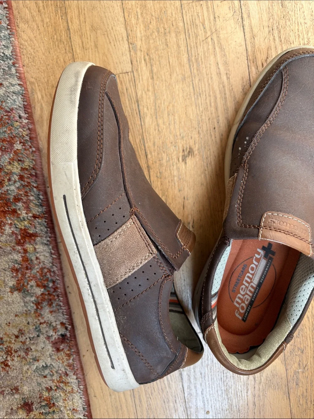 Skechers Men’s Brown Leather Slip-On Loafers with Contrast Stitching
